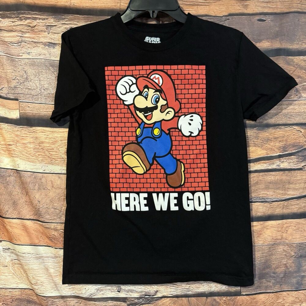 Super Mario T-Shirt Youth 14-16 Black "Here We Go!" Nintendo Short Sleeve Tee